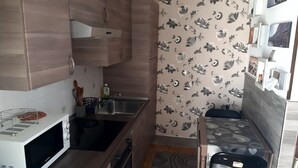 A compact kitchen with wooden cabinets, a stainless steel sink, and a microwave. - Venice Holiday Home, free wi-fi, private garden, romantic and affordable. (Mogliano Veneto)