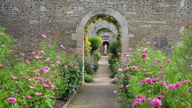 Un sendero de piedra bordeado por flores rosas vibrantes que conduce a una entrada arqueada.