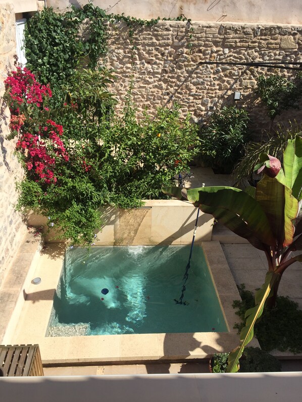 A swimming pool with a stone wall and lush greenery in the background.