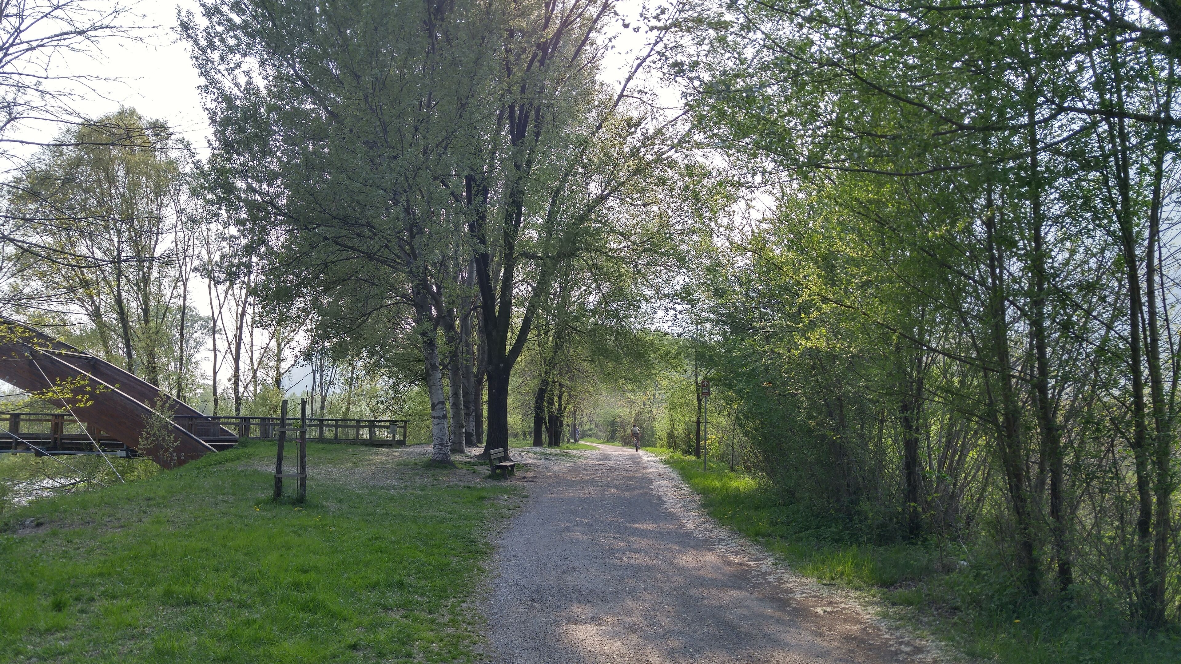 A gravel path flanked by trees, a wooden bench, and a bridge in a park setting.