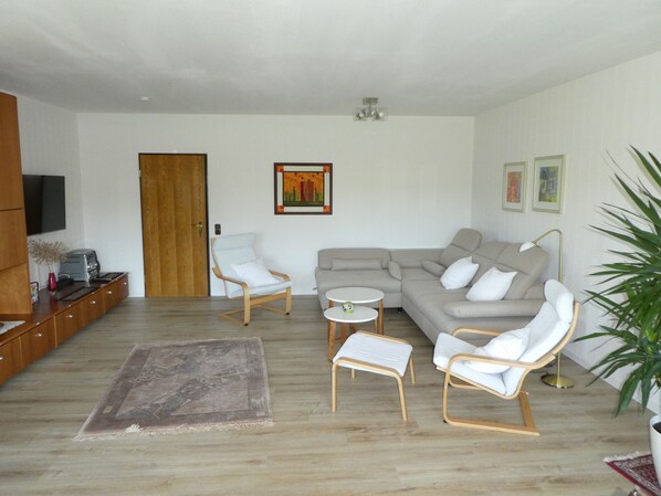 Televisio, kirjoja, musiikkikirjasto, stereot