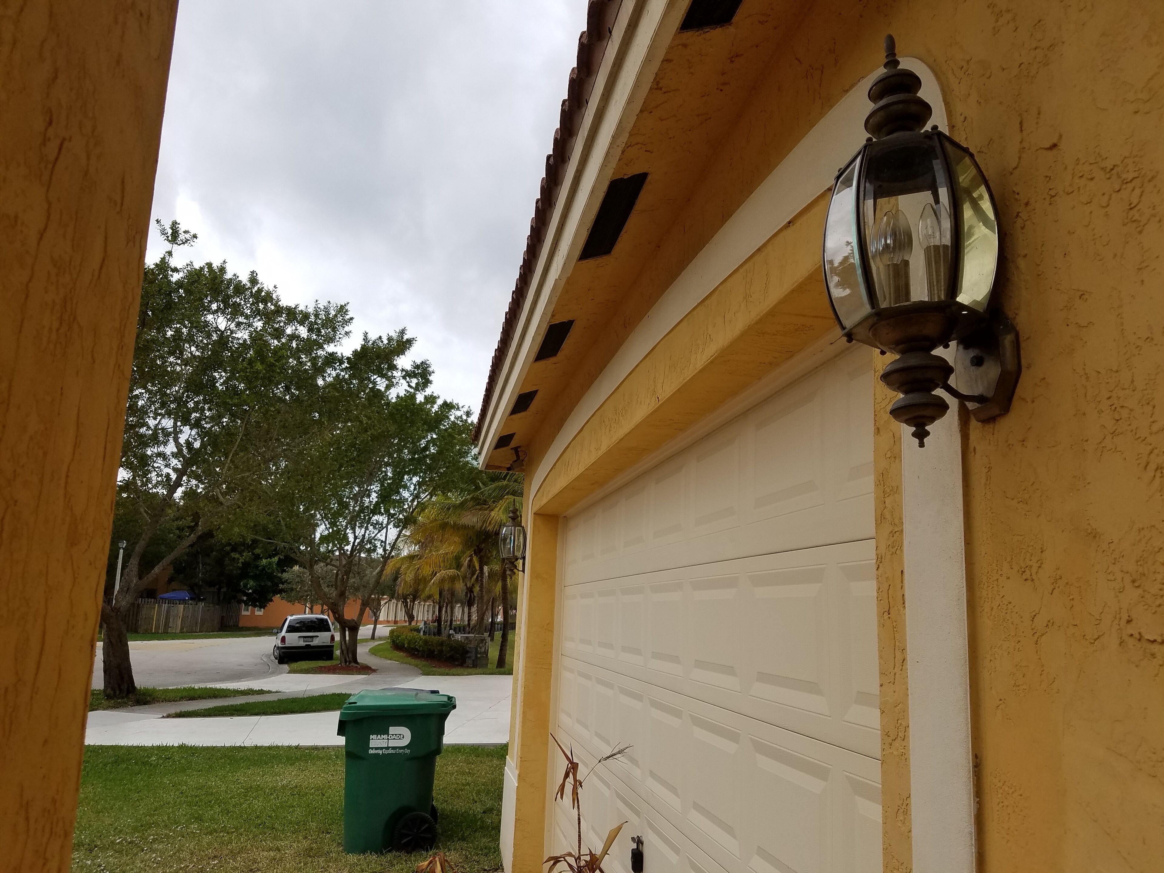A residential garage door, a green trash bin labeled 'MIAMI GRADE,' and a street view with parked cars and trees.