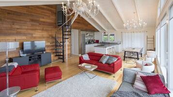 Smart TV, fireplace, video games, DVD player
