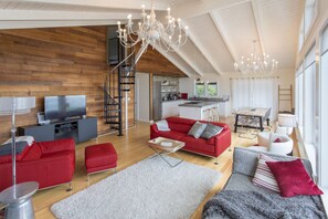 Smart TV, fireplace, video games, DVD player