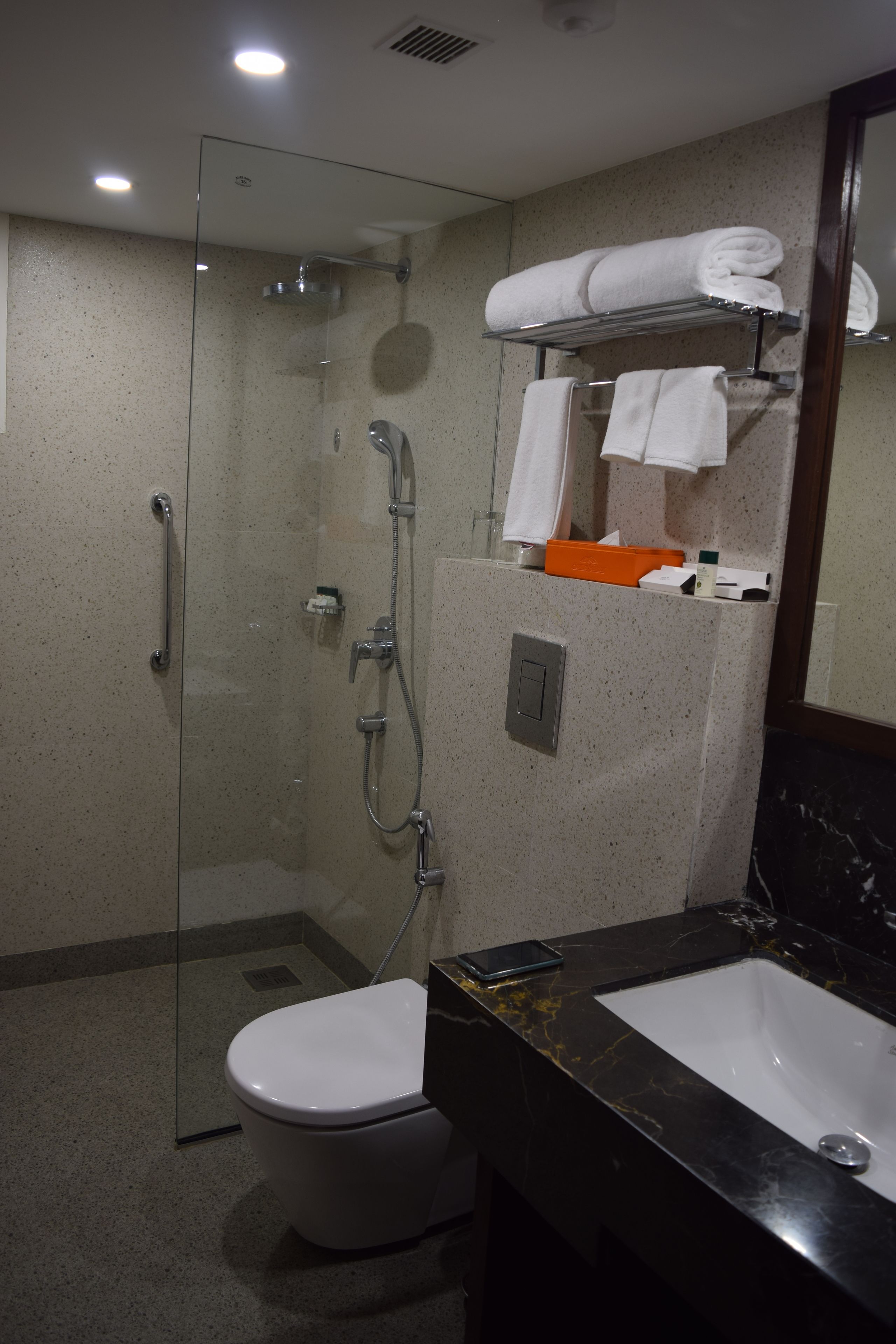 A modern bathroom with a glass-enclosed shower, a white toilet, a black marble sink, and a mirror.