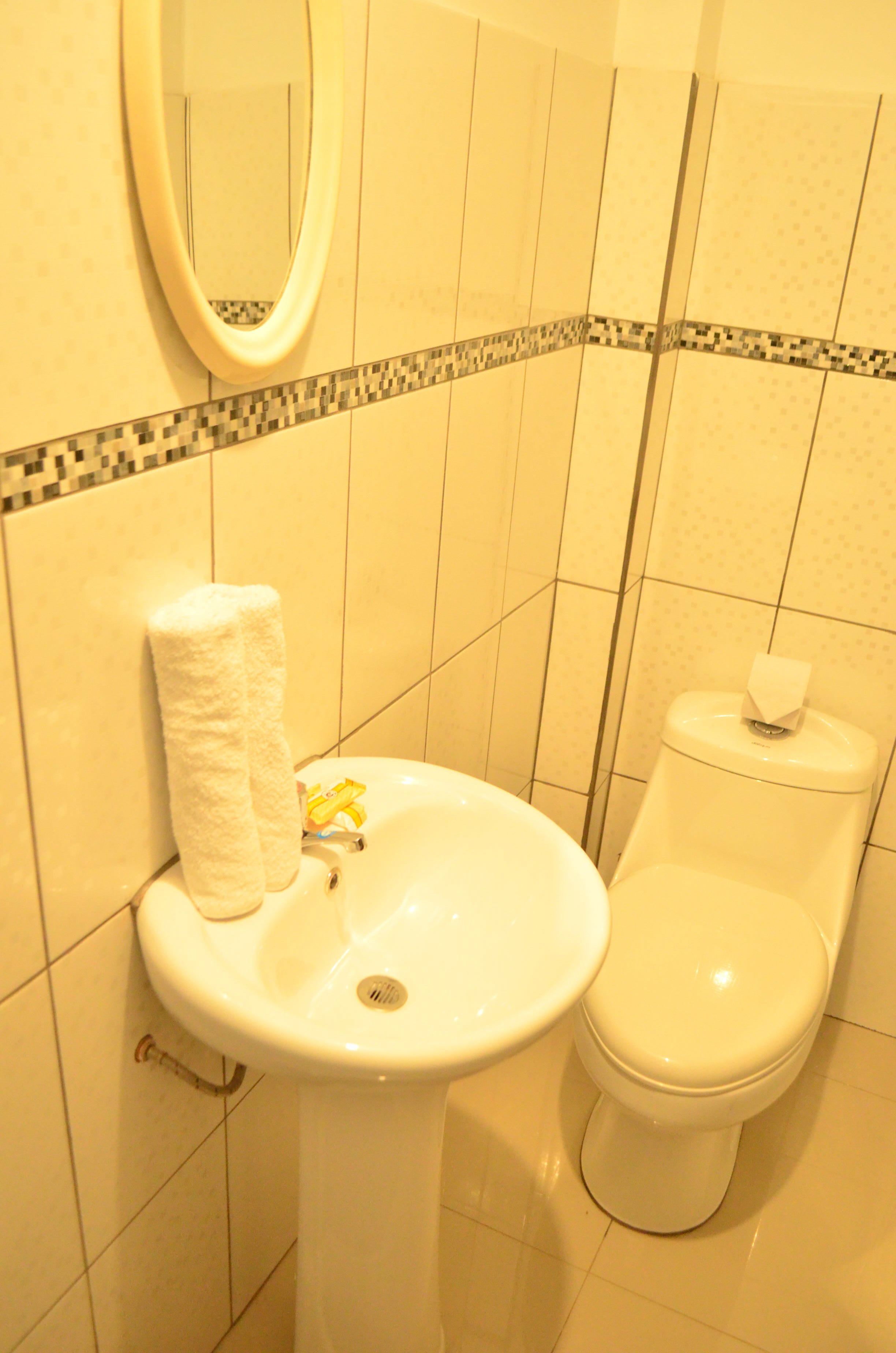 Un baño con lavamanos, inodoro y espejo.