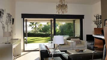 Televisión, chimenea, reproductor de DVD y libros