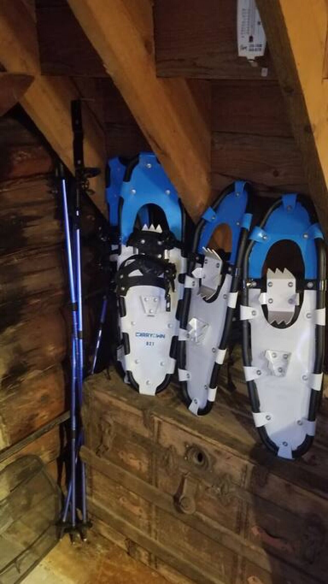 Ein Holzblockbau-Innenraum mit schrägem Dach. Drei Schneeschuhe und ein blauer Wanderstock lehnen an der Wand.