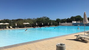 Piscina con sillones de descanso y sombrillas, rodeada de árboles y un cielo despejado.
