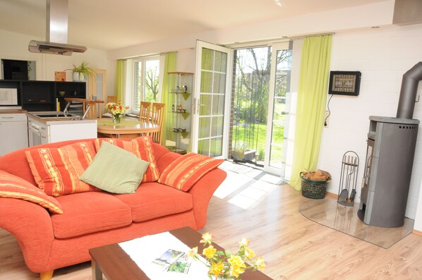 TV, fireplace, DVD player, books