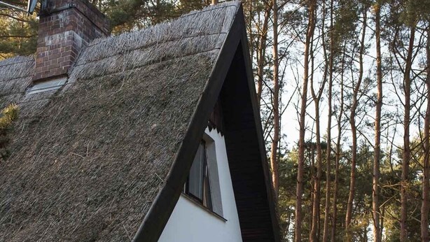 Un chalet au toit de chaume, aux murs blancs et aux boiseries noires, entouré d’une forêt.