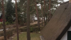 Une maison au toit de chaume, entourée d’une zone boisée.