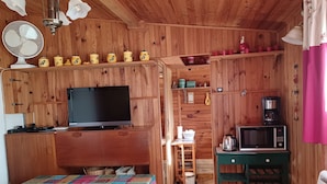 A cozy cabin interior with wooden walls, a dining area with a colorful tablecloth, a television, a microwave, and a coffee maker.