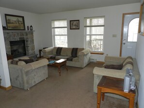 TV, fireplace, DVD player, books