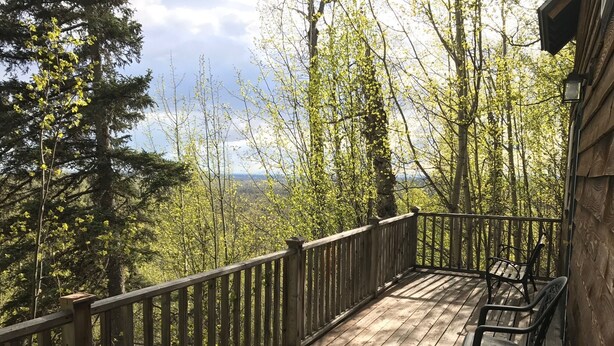 Une terrasse en bois avec une rambarde, entourée d’arbres et offrant une vue sur le paysage.