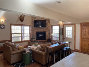 TV, fireplace, DVD player, books