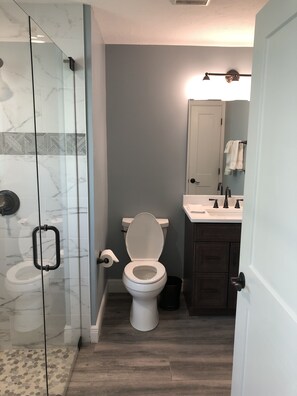 A bathroom with a glass shower enclosure, a toilet, a sink, and a cabinet. - Breathtaking Views! Dock is in! (Cape Coral)
