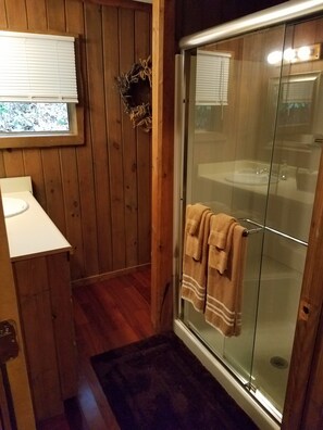 Shower, towels, toilet paper