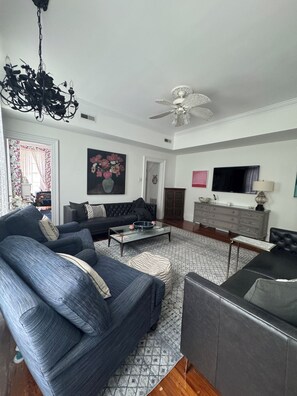 Smart TV, fireplace, books, music library
