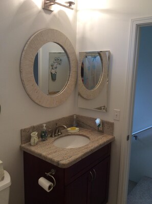 Tina, secadora de cabello, toallas, jabón 