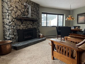 Smart TV, fireplace, DVD player, music library