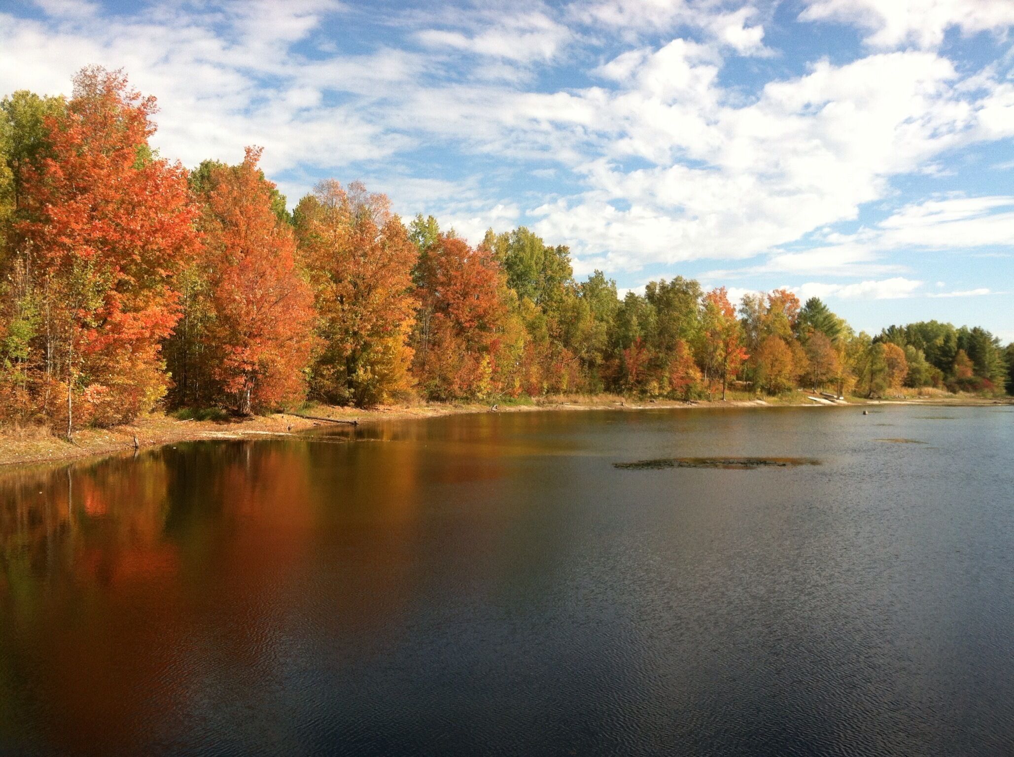 A calm lake surrounded by trees with autumn foliage.