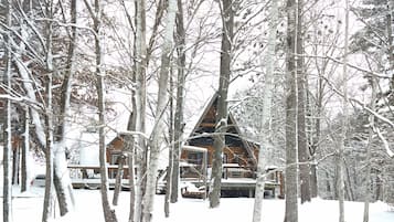 A cabin surrounded by snow-covered trees.