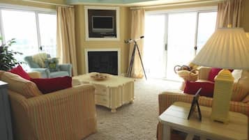 Smart TV, chimenea, reproductor de DVD y libros