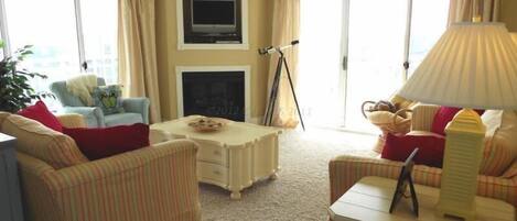 Smart TV, fireplace, DVD player, books