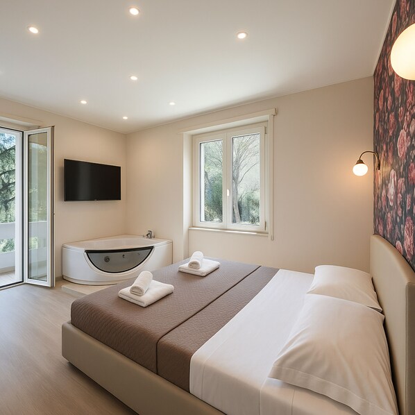 A modern bedroom with a large bed, a built-in bathtub, and a flat-screen TV mounted on the wall. - Aurelia Garden Rooms B&B (Rome)