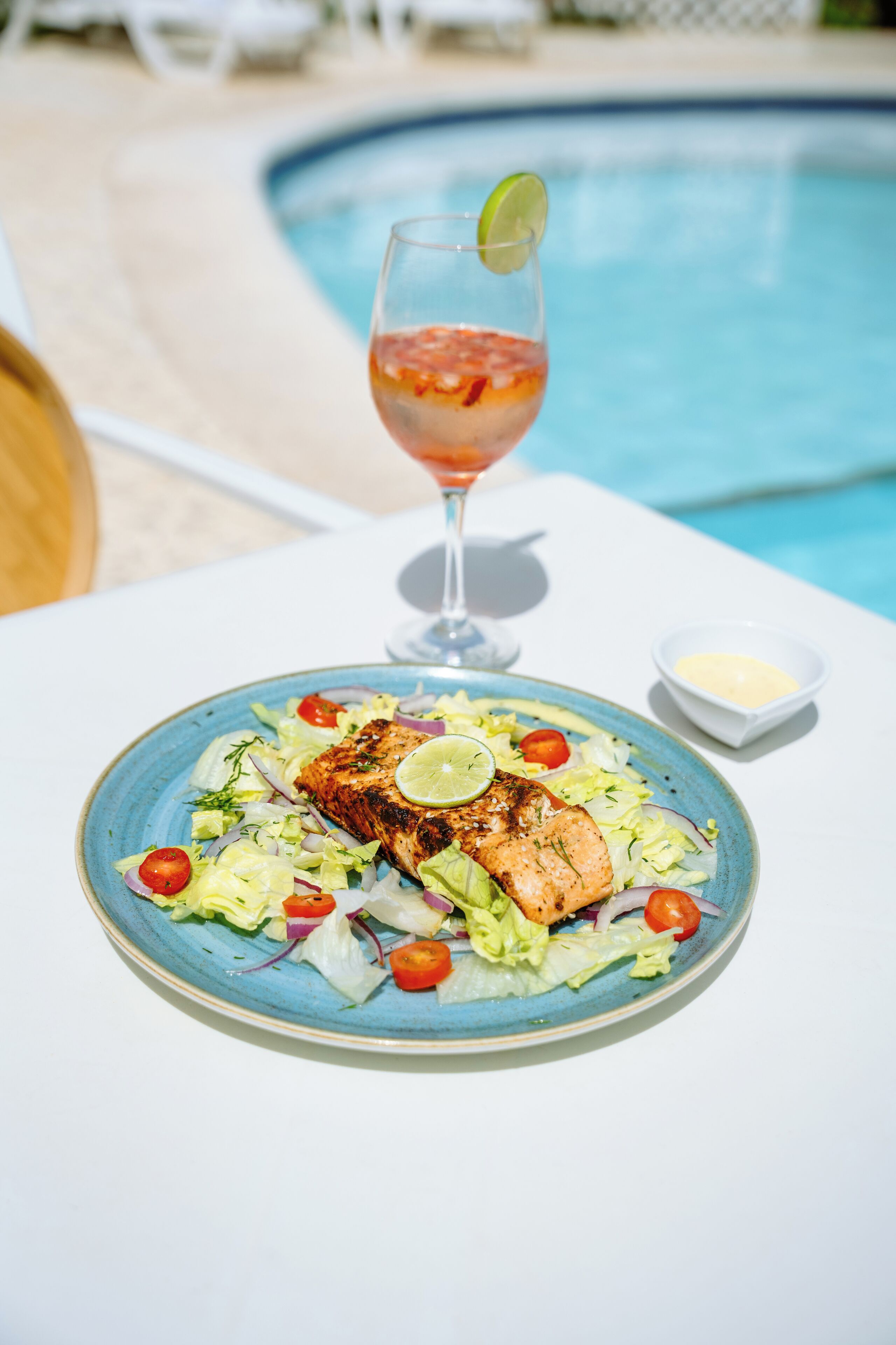 outdoor pool, pool umbrellas, pool loungers