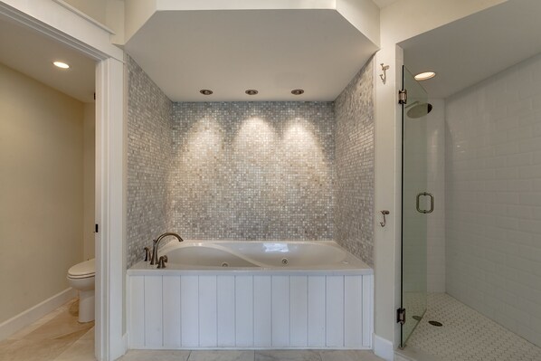 Combined shower/tub, hair dryer, towels
