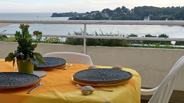 Una mesa para cuatro personas, con individuales tejidos, una planta en maceta y un mantel amarillo.
