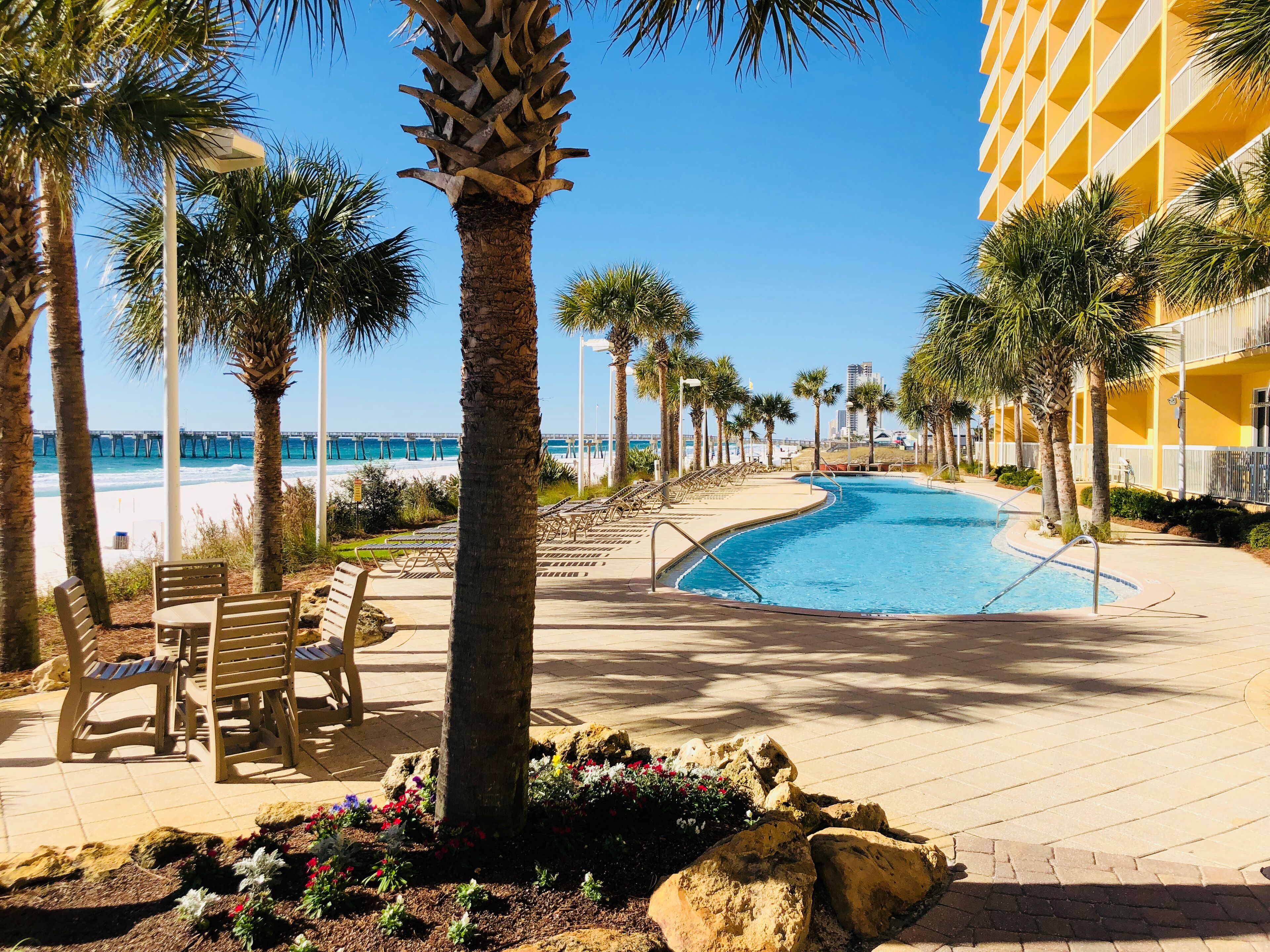 A pool area with a view of the beach and a pier, surrounded by palm trees and benches.