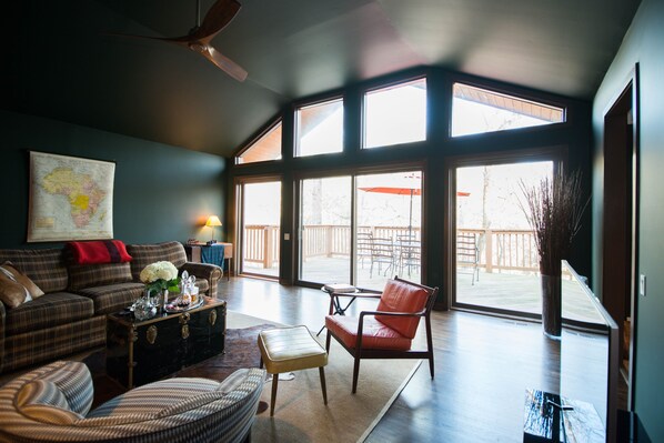 Smart TV, fireplace, books