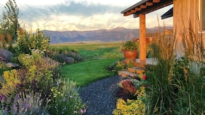A garden pathway leading to a wooden house with a pergola, surrounded by various plants and flowers.