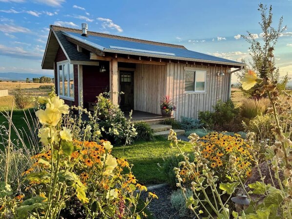 Una pequeña casa de madera con techo inclinado y porche delantero, rodeada de un jardín con diversas flores y plantas.
