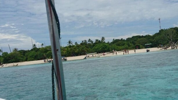 A beach with clear turquoise water, palm trees, and a sandy shore. - RTMS Guesthouse Semporna (Semporna)