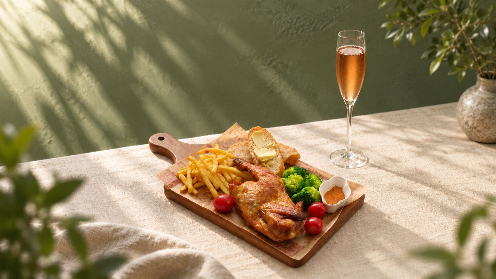 A wooden board with roasted chicken, fries, and vegetables, a glass of champagne, and a small bowl of seasoning on a table.