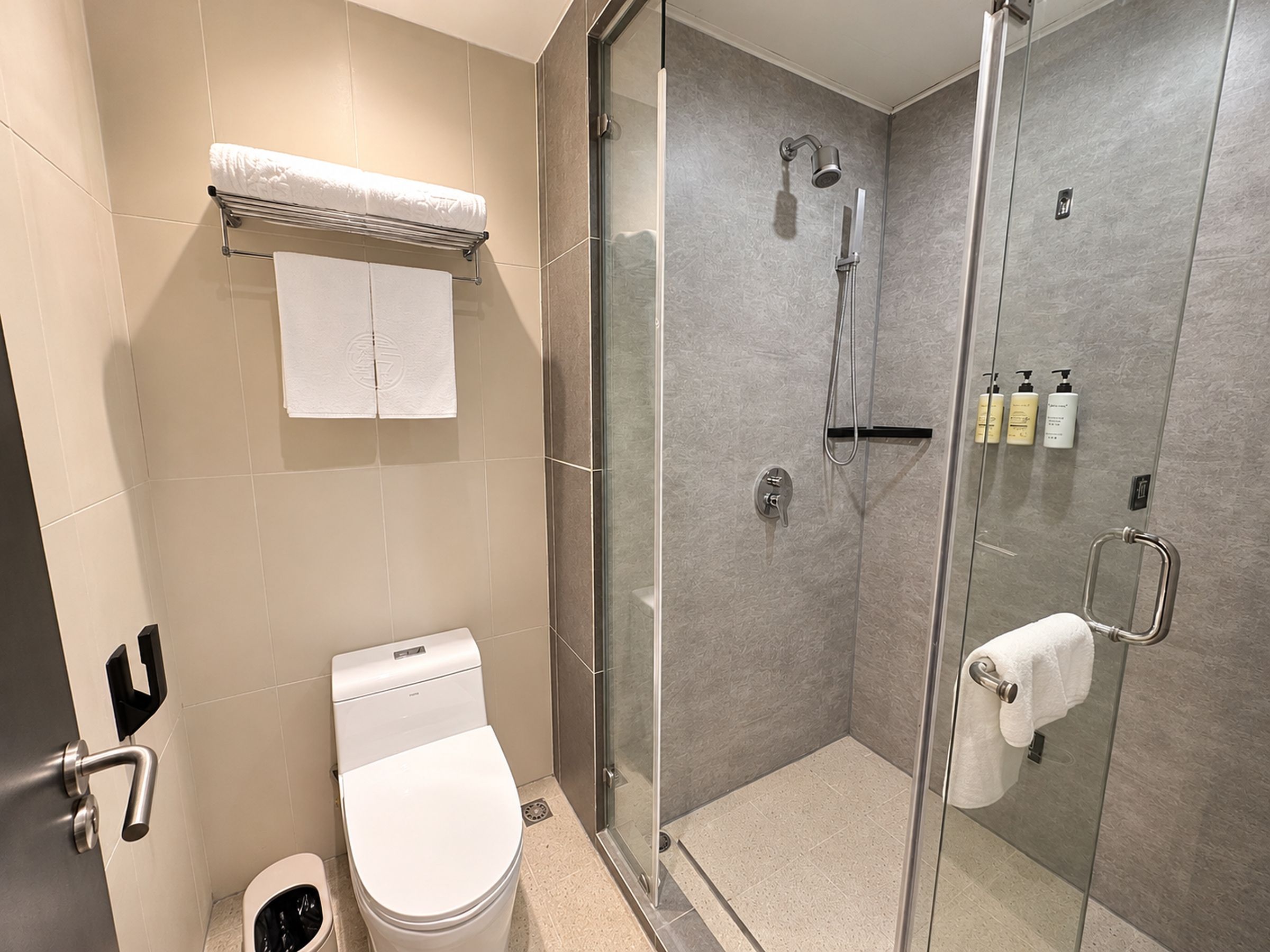 A modern bathroom with a glass-enclosed shower, a toilet, and a towel rack.