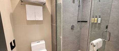 A modern bathroom with a glass-enclosed shower, a toilet, and a towel rack.