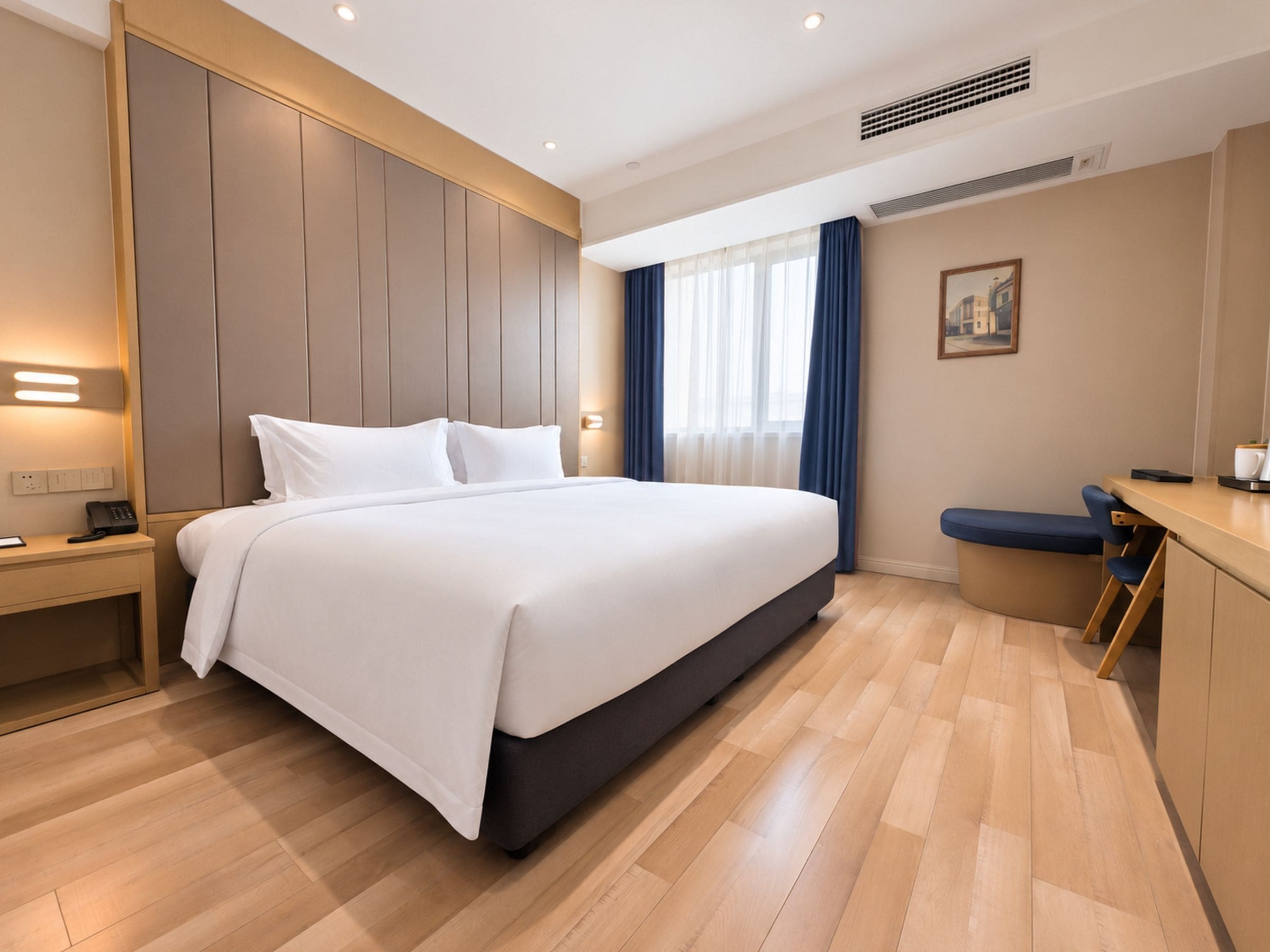 A hotel room with a large bed, bedside tables, a desk, and a chair.