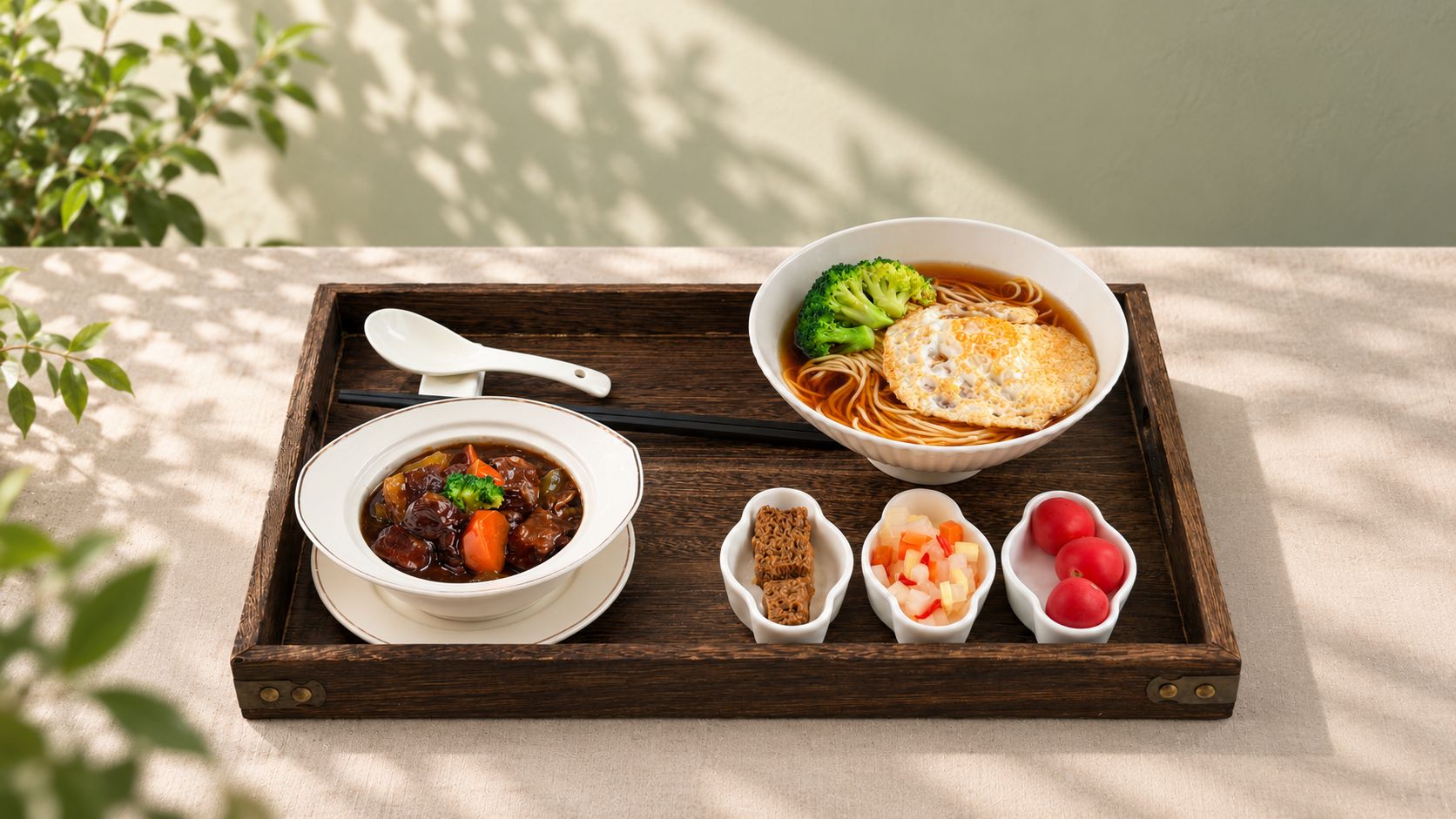 A wooden tray with two bowls of food, chopsticks, and small dishes of condiments.