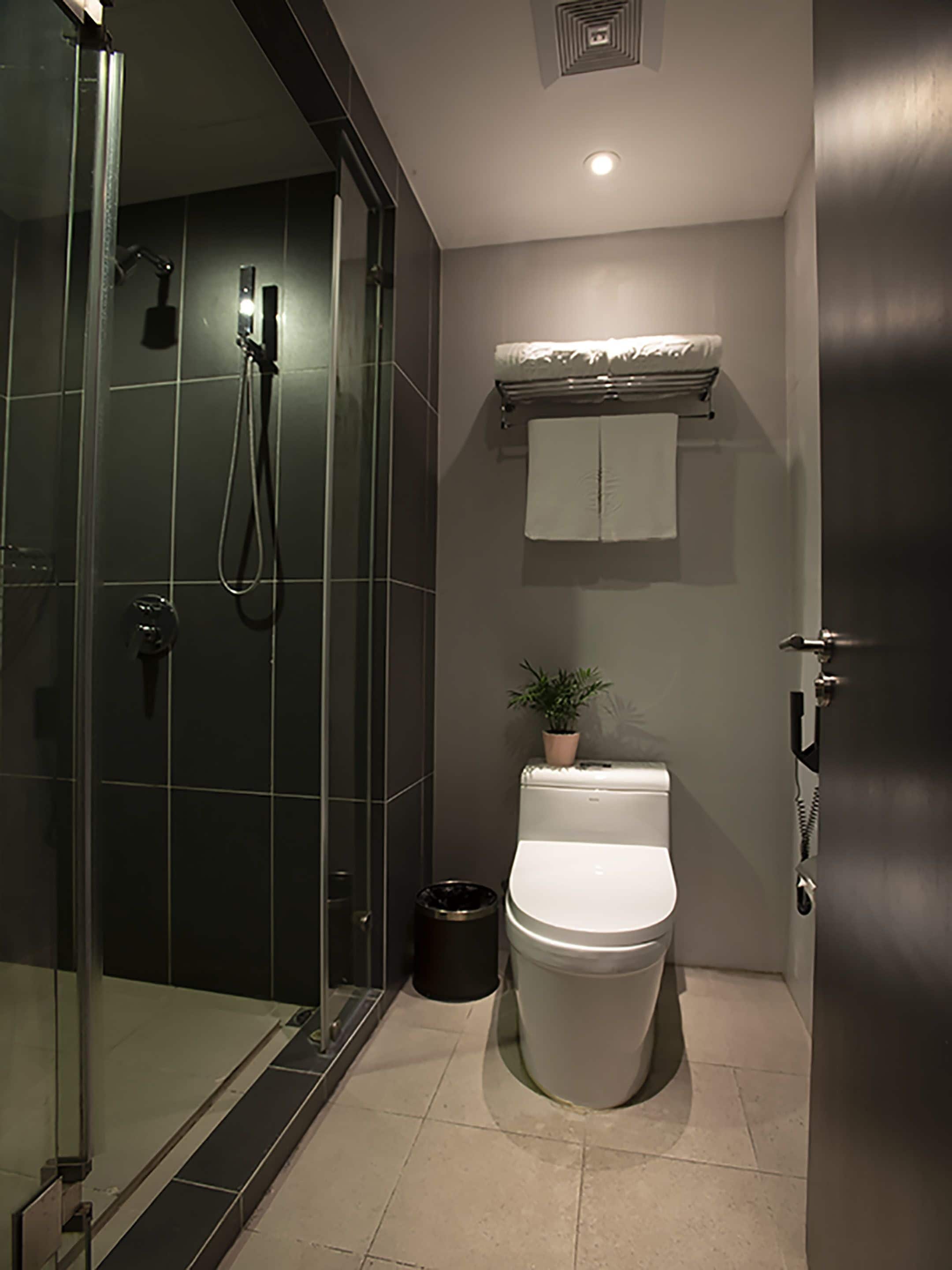 A modern bathroom with a glass-enclosed shower, a toilet, a trash bin, and a potted plant.