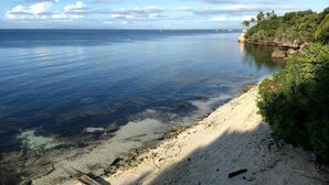A beach with clear water, a sandy shore, and a rocky outcrop with vegetation. - Nova Beach Resort (Panglao)