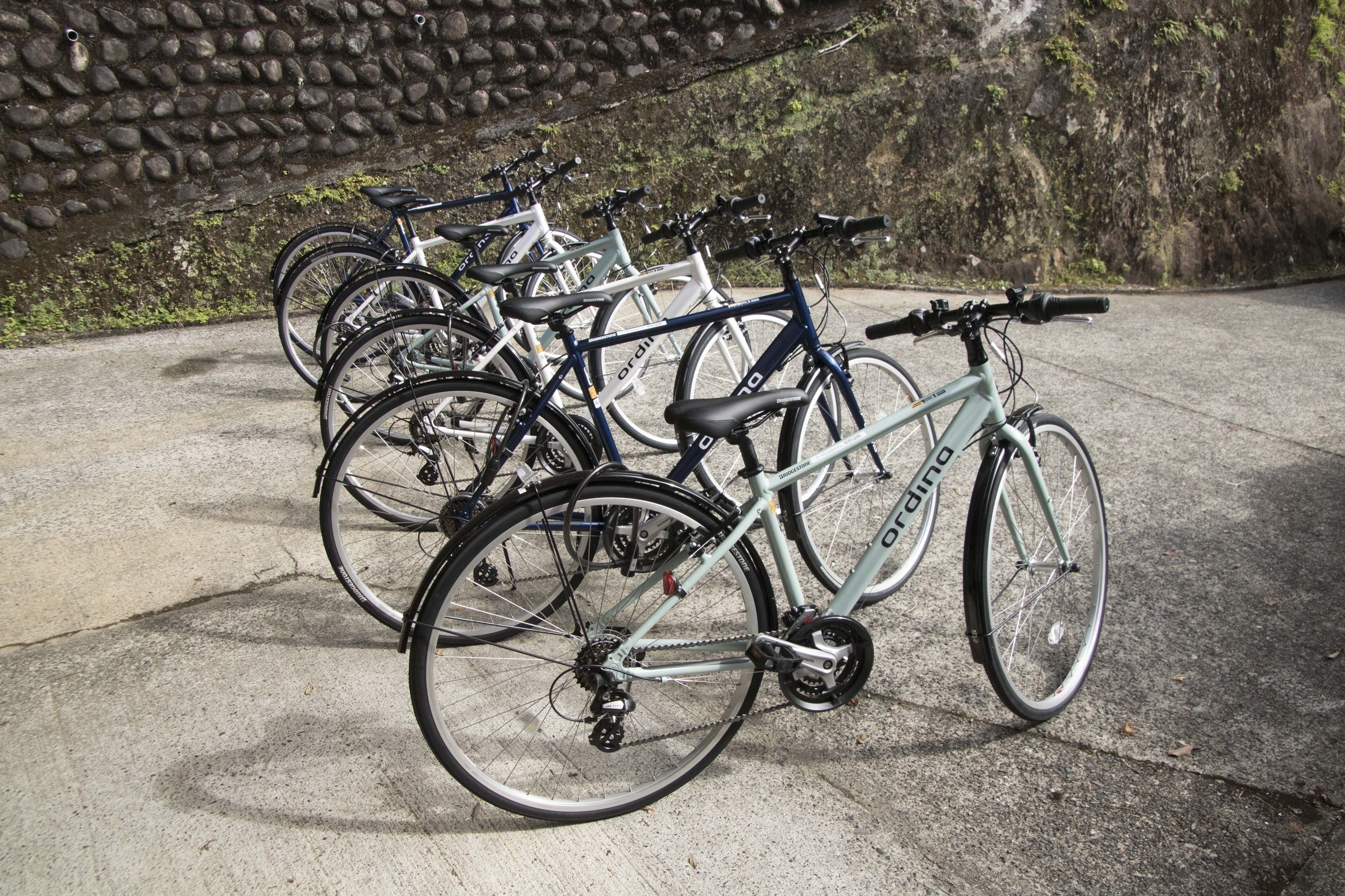 A row of bicycles parked against a stone wall.