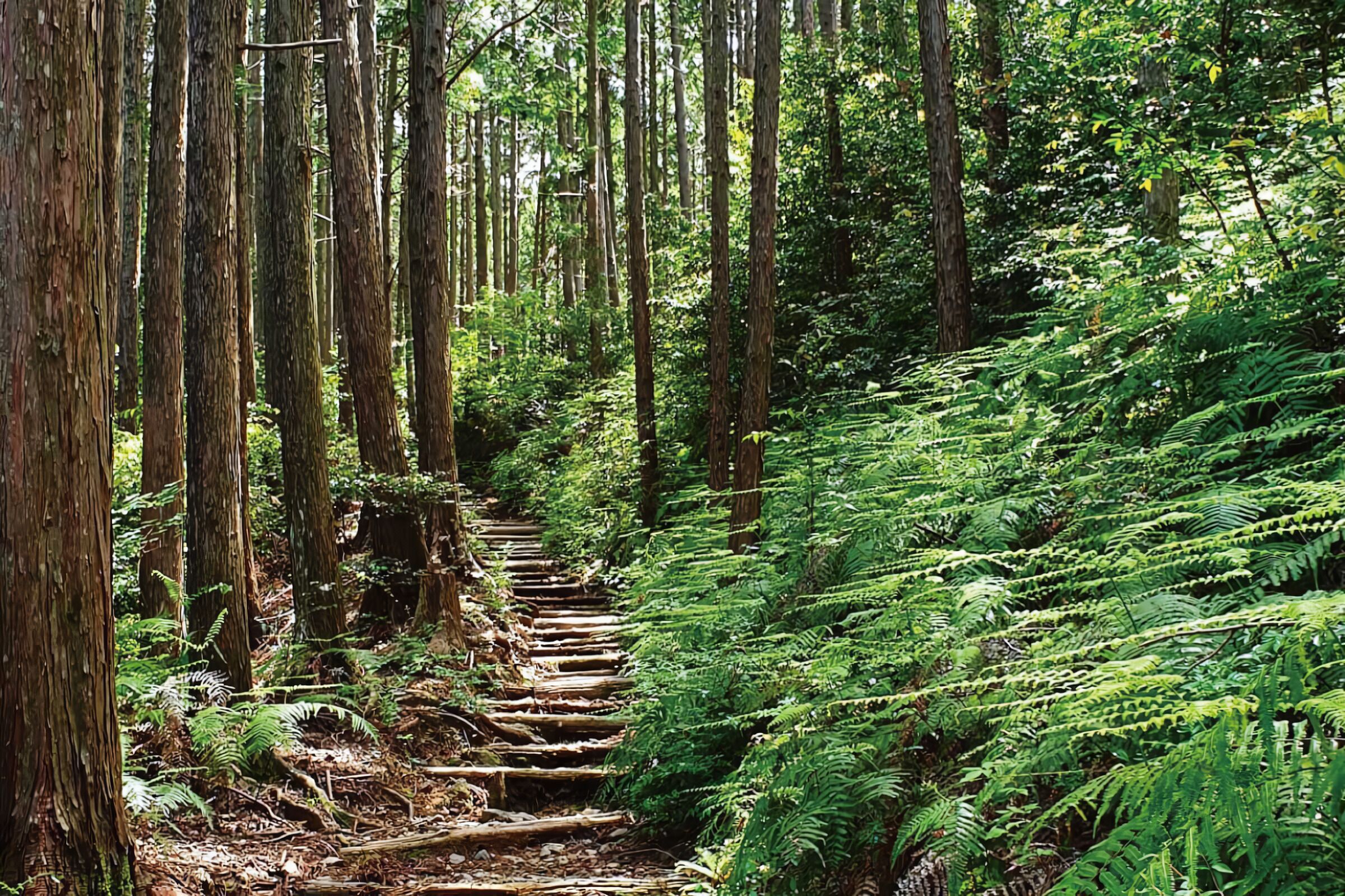 Uma área arborizada com uma escadaria de madeira que serpenteia por uma encosta, cercada por árvores altas e samambaias.