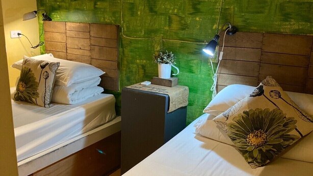A room with two beds, a small table with a plant, and a wall with a green textured pattern. - Good Farming Day B&B (Chishang)