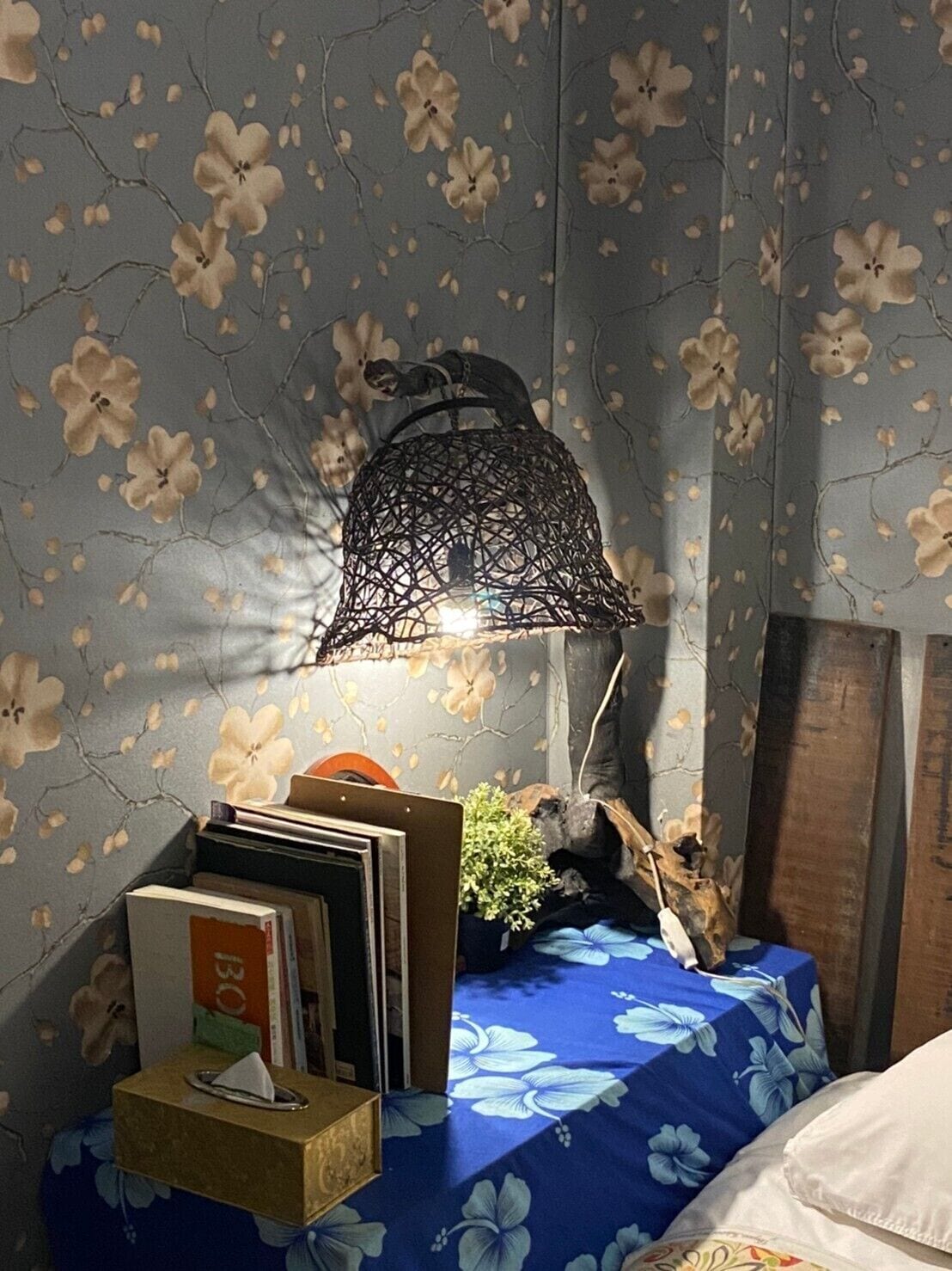 Una habitación con una colcha azul estampada con flores, una lámpara de metal, libros, una caja de pañuelos y una planta decorativa.