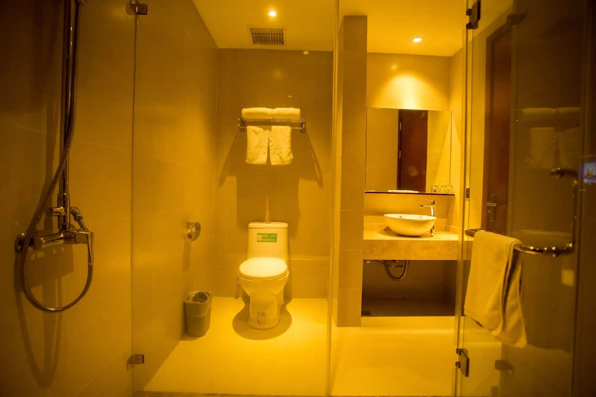 Douche, articles de toilette gratuits, sèche-cheveux, chaussons